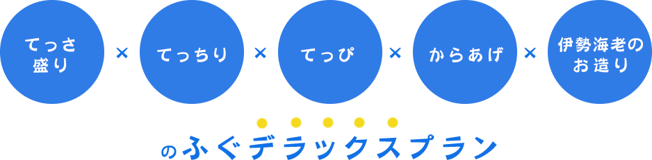 『てっさ盛り×てっちり×てっぴ×からあげ×伊勢海老のお造り』のふぐDXプラン